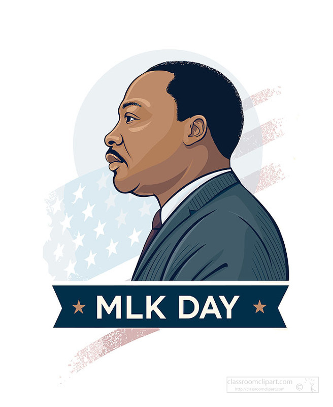 Detailed side profile vector portrait of a civil rights leader with patriotic background and MLK Day banner