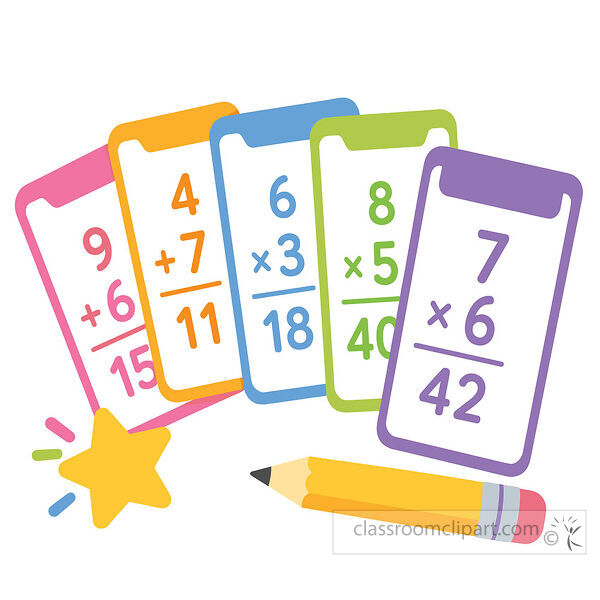 Math flashcards clipart with colorful addition and multiplication cards a yellow pencil and star