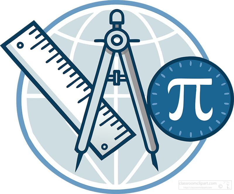 Various mathematical tools are arranged artistically, featuring a compass, ruler, protractor, and the symbol for pi. These elements symbolize the creativity and precision involved in geometry.