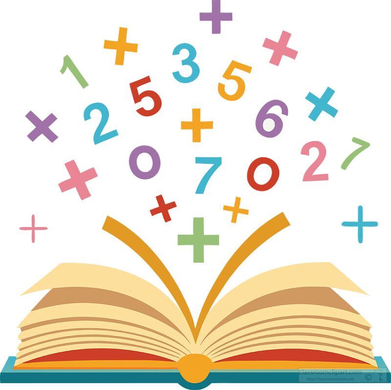 An open book displays vivid numbers and plus signs floating above Geometry and arithmetic concepts merge creatively stimulating curiosity and joy for learning at a vibrant space