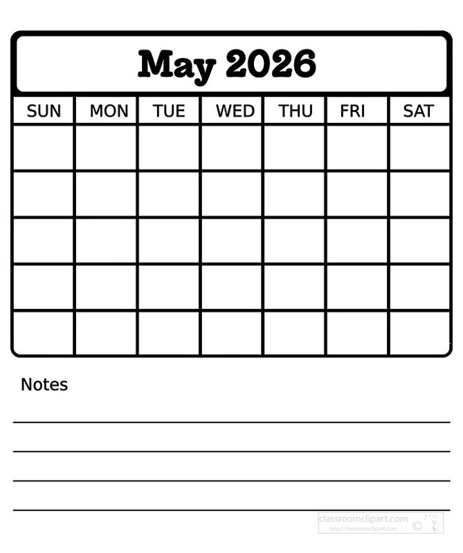 Black and white May 2026 calendar sheet that combines a clear monthly grid with lined notes at the bottom ideal for tracking events goals and important reminders