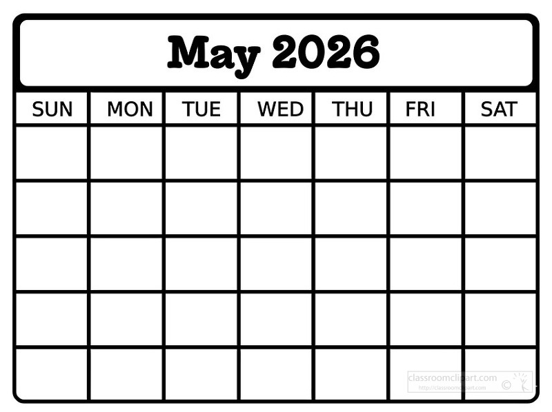 Simple black and white may 2026 calendar page featuring a clean grid layout with Sunday through Saturday