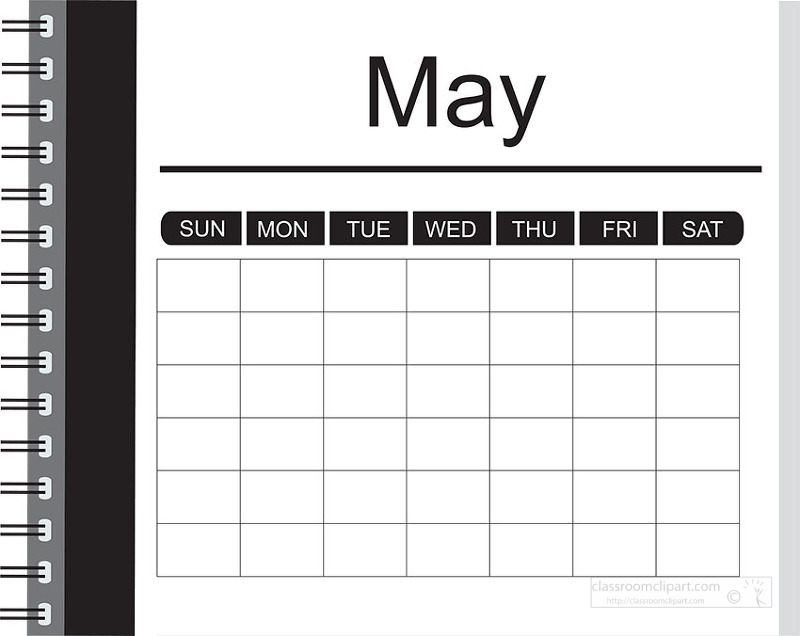 Simple May calendar in black and white notebook format with clear weekday headings