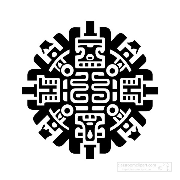 A round Mayan inspired symbol created with bold black geometric patterns