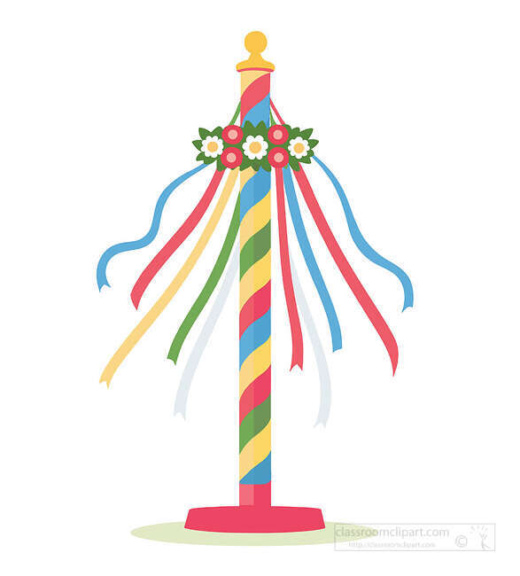 A traditional maypole with colorful ribbons and flowers adds a festive spring celebration touch to seasonal pages