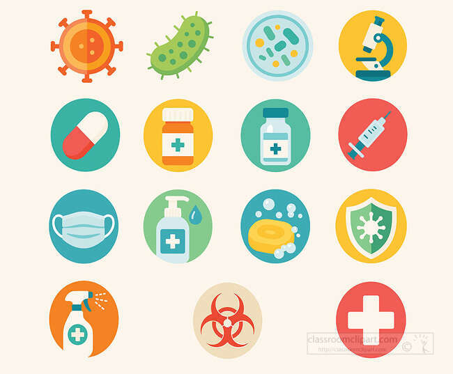 Medical hygiene icons with virus bacteria syringe mask soap sanitizer shield spray cross and biohazard symbol
