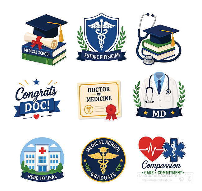 Medical school graduation set with doctor badges books diploma stethoscope hospital coat heart and caduceus symbols