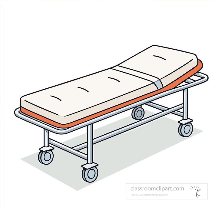Detailed medical stretcher gurney with mattress metal frame and caster wheels