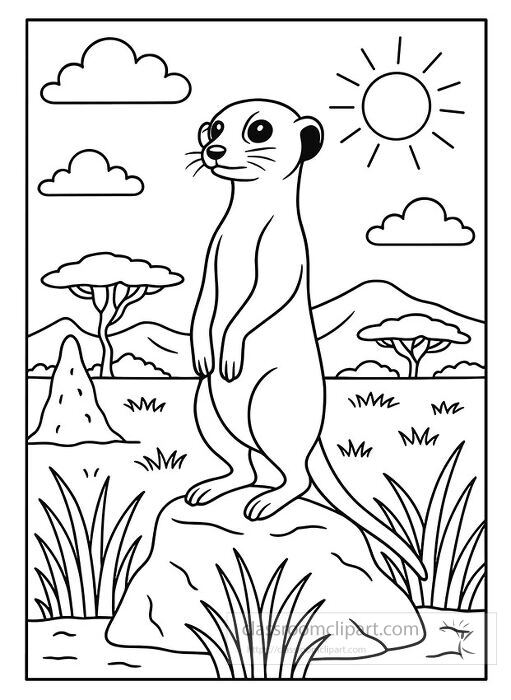 A coloring page featuring a meerkat on alert standing on a rock in its natural savanna habitat