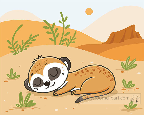 clipart of meerkat sleeps on sandy desert ground with small plants hills a mesa and sun in the background