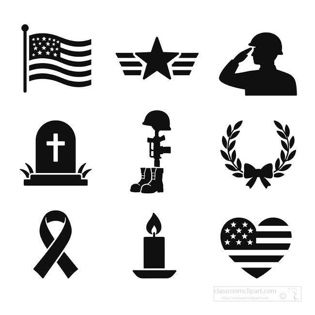 Black Memorial Day silhouette icon set with flag saluting soldier grave wreath ribbon candle and patriotic heart