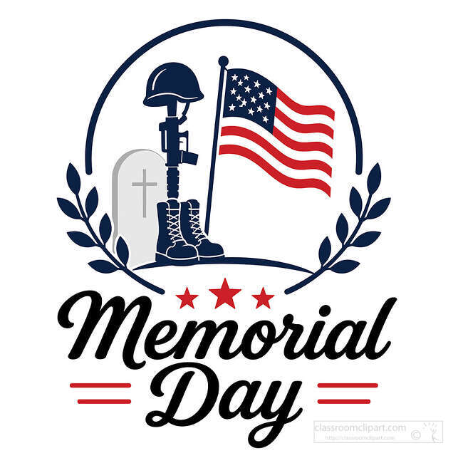 Memorial Day lettering with soldier helmet boots rifle gravestone American flag laurel branches and red stars