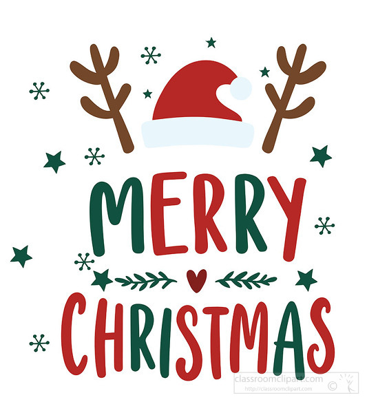Playful Merry Christmas lettering decorated with a santa hat antlers stars and winter icons