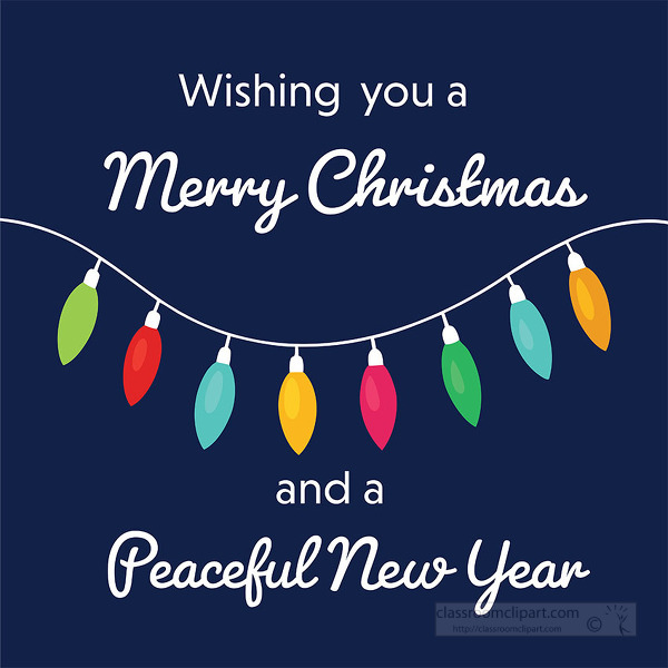 holiday message wishes Merry Christmas and a Peaceful New Year. Colorful string lights hang across a dark background