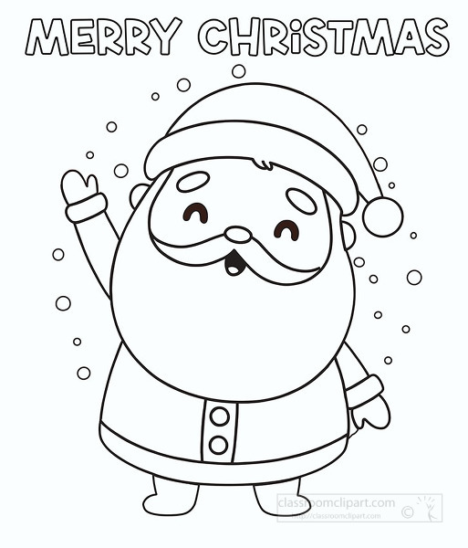 Fun Christmas coloring page featuring Santa Claus waving with Merry Christmas text and falling snow great for kids holiday activities