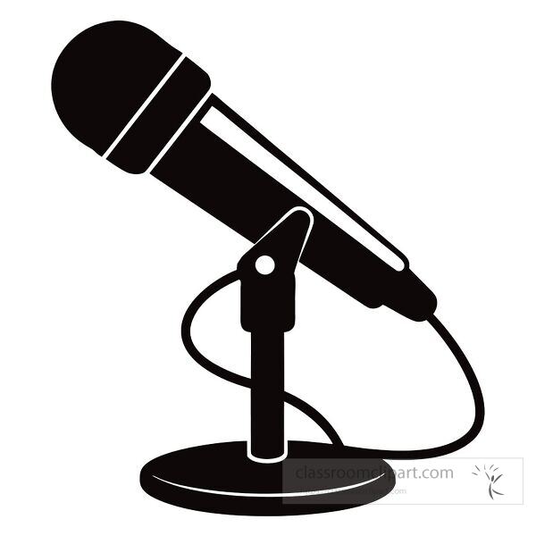 A black silhouette of a microphone stands prominently against white