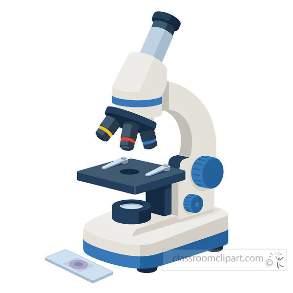 White and blue microscope with objective lenses focus knobs stage and specimen slide for science projects