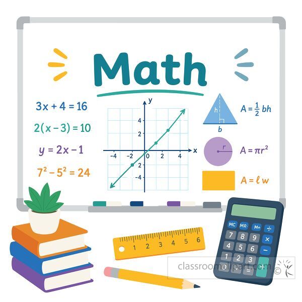 Middle school math whiteboard with formulas graph shapes books ruler pencil calculator and plant in cartoon clipart style