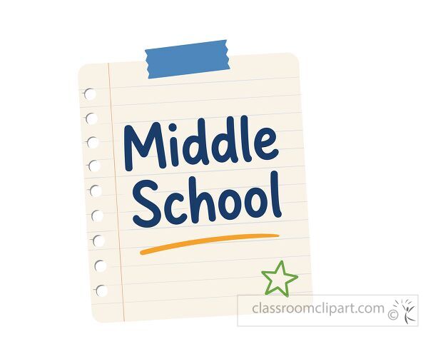Lined middle school notebook paper with blue tape yellow underline and green star in cartoon clipart style
