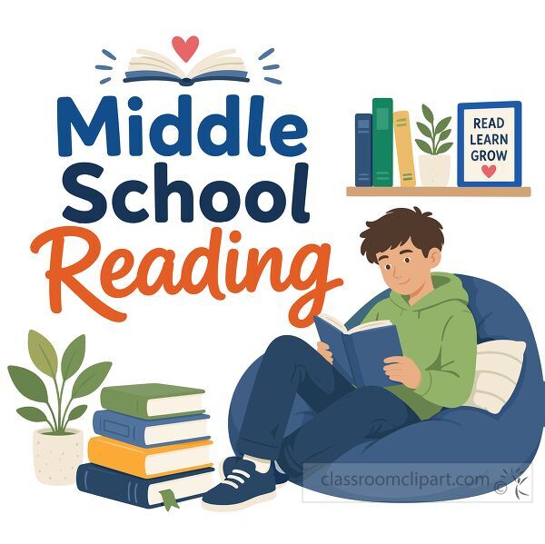 Student reading on a blue beanbag beside stacked books plants and a classroom shelf in cartoon clipart style