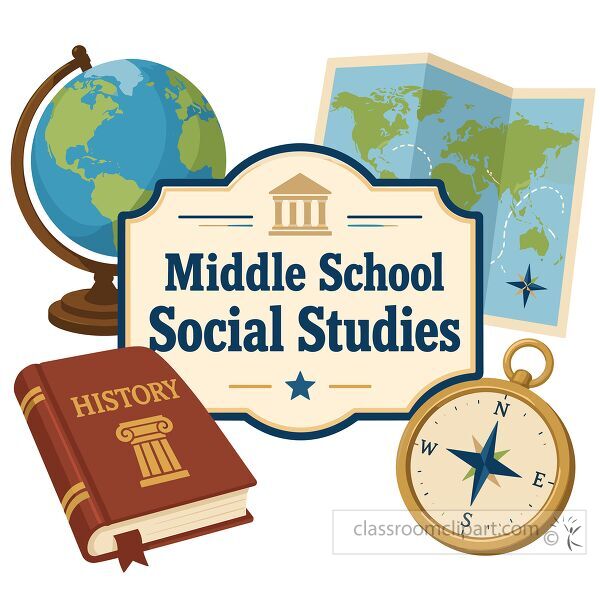 Middle school social studies badge with globe world map history book compass and building symbol in cartoon clipart style