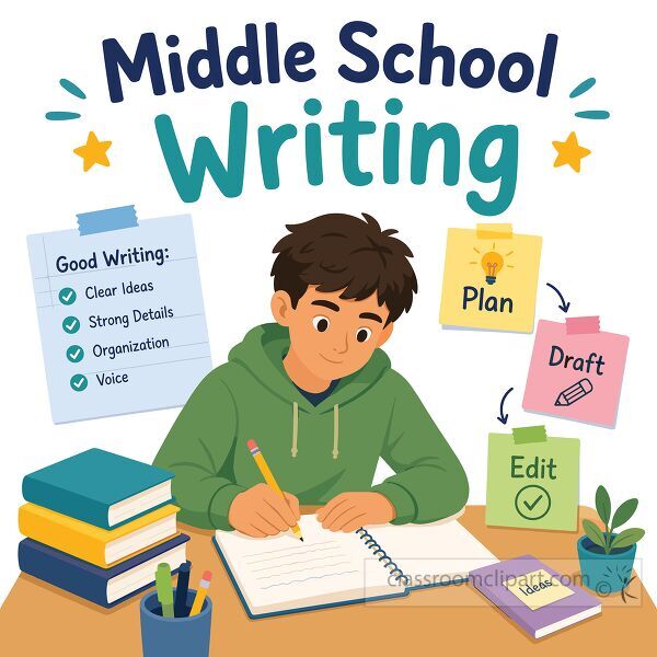 Student writing in a notebook at a desk with books pencils planning notes and a small plant in cartoon clipart style
