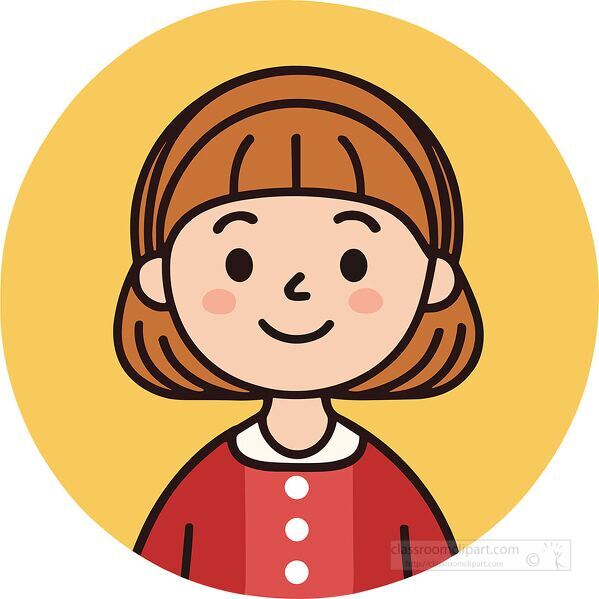 flat vector illustration of a smiling girl with short brown hair wearing a red dress suitable for children’s themes or avatars