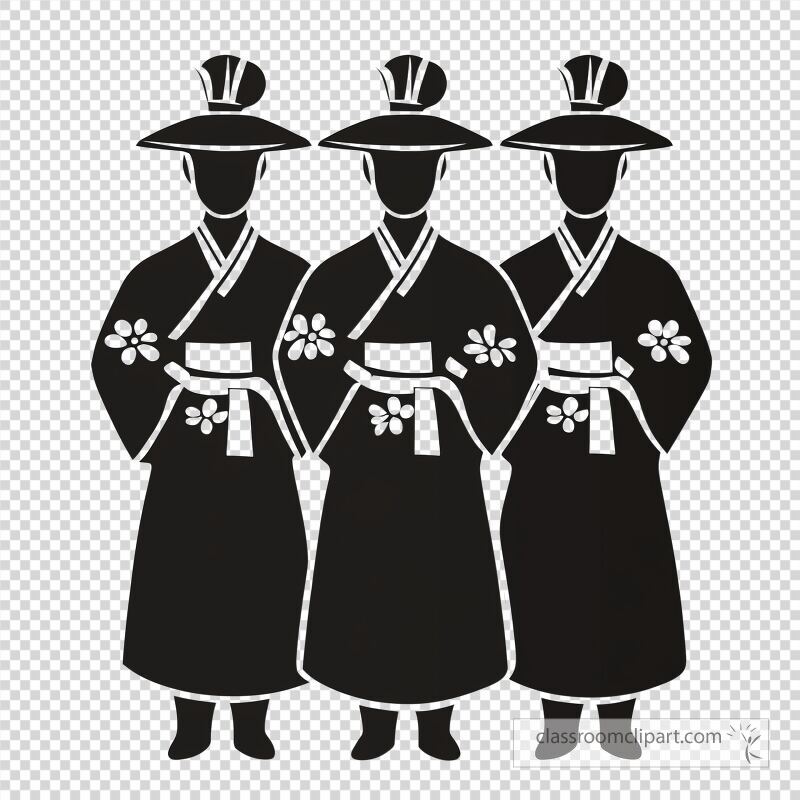 Three figures are depicted in traditional attire standing together in a minimalist style Their garments feature elegant patterns capturing a cultural essence