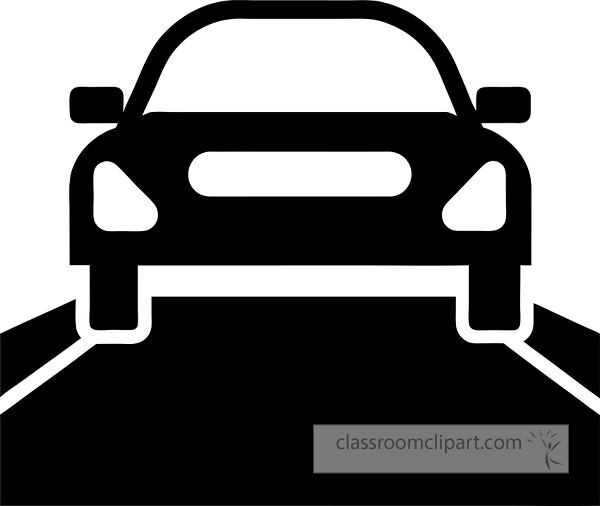 A simple black silhouette of a car facing forward on a road