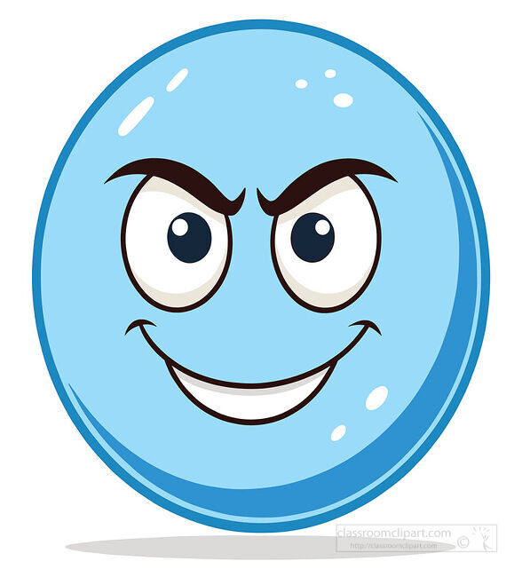 Light blue emoji with sharply arched eyebrows focused side glancing eyes and a broad mischievous grin