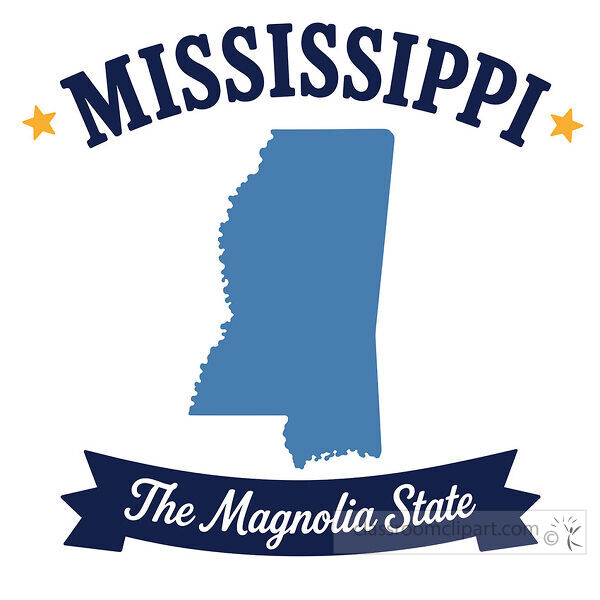 Mississippi state image with a blue state map yellow stars and a banner reading The Magnolia State