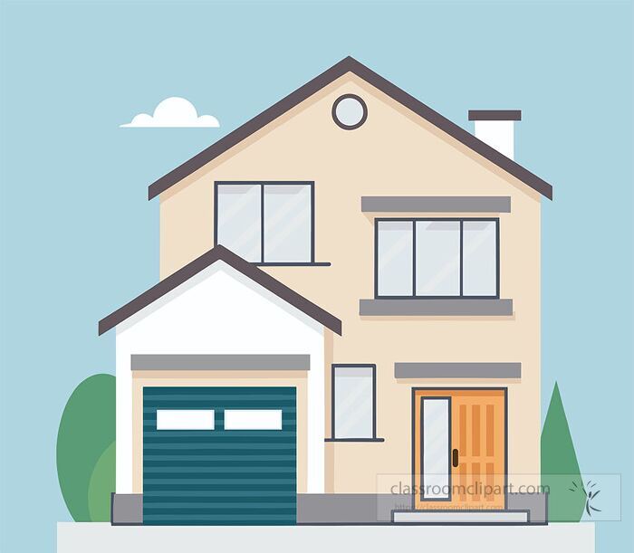 Modern beige house front elevation with green garage door large windows and blue sky flat vector illustration for real estate and architecture design