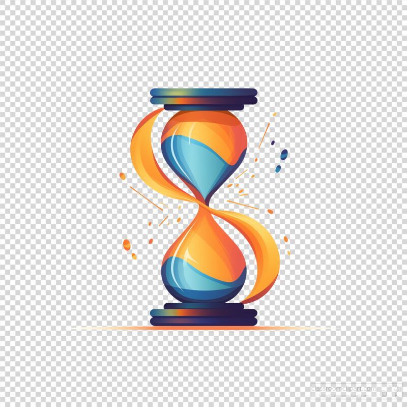 This flat vector design features a colorful hourglass with blue and orange tones. The hourglass symbolizes the passage of time, showcasing a blend of creativity and simplicity in its modern appeal.