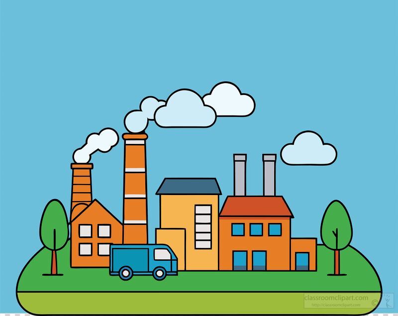 This artwork depicts a vibrant industrial setting featuring factories, smokestacks, and a delivery truck. Lush trees and a clear blue sky create a harmonious balance between industry and nature.