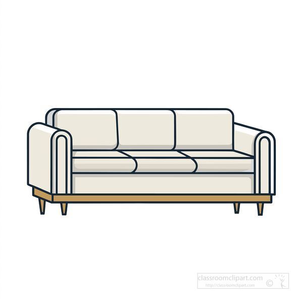 Flat vector illustration of a modern white sofa with soft cushions and wooden frame on a plain background