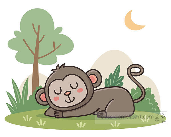 Sleeping monkey clipart lying under a tree with a crescent moon plants and a calm nighttime jungle scene