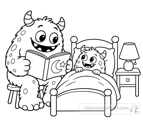 Friendly monster reads a bedtime book to a smaller monster tucked into bed beside a nightstand and lamp