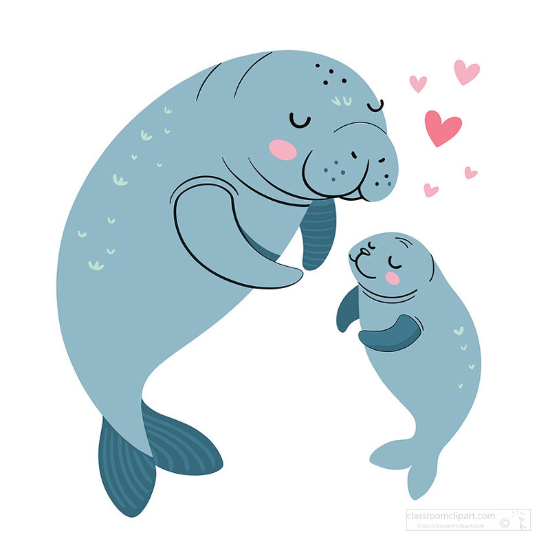 Gentle manatee mother and baby sharing love in soft ocean themed illustration