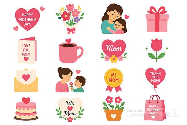 Mothers Day icon set with hearts flowers mother and child gift card mug tulip envelope cake badge and bag