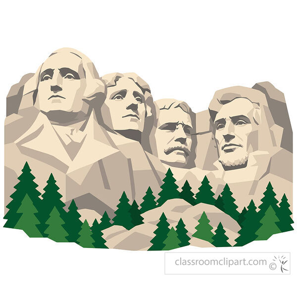Mount Rushmore monument shows four carved presidential faces rising above green pine trees and rocky ground