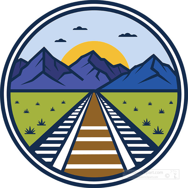 Tracks stretch toward mountains with sun rising and open fields