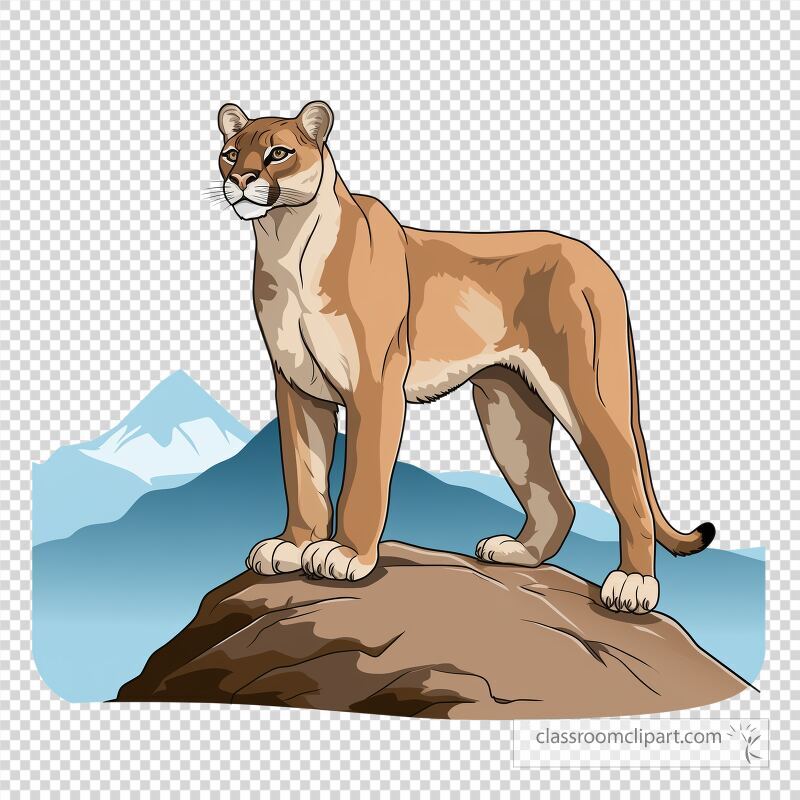 A simple cartoon drawing shows a mountain lion confidently standing on a rock The background features mountains adding to the majestic feel of this wild animal in nature