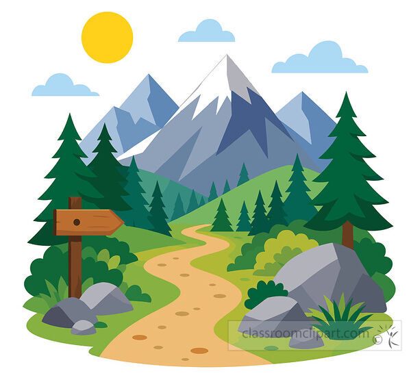 A winding trail passes a wooden sign and rocks through green pine trees toward snowy mountains