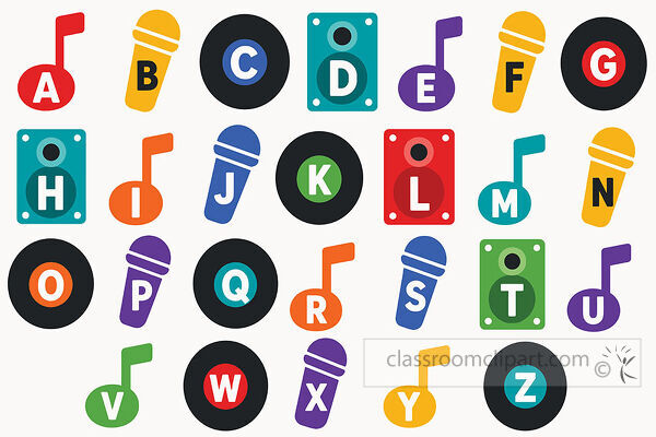 Music alphabet with letters on microphones vinyl records music notes and speaker boxes