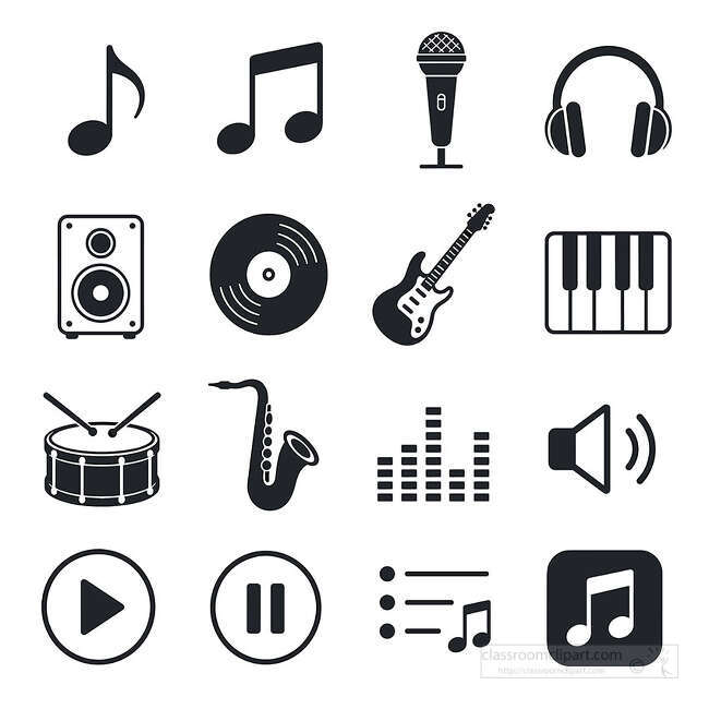 Music black icon set with notes microphone headphones speaker record guitar keyboard drum saxophone equalizer and play button