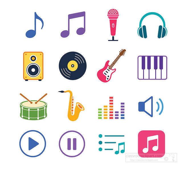Music color icon set with notes microphone headphones speaker record guitar keyboard drum saxophone equalizer and play button