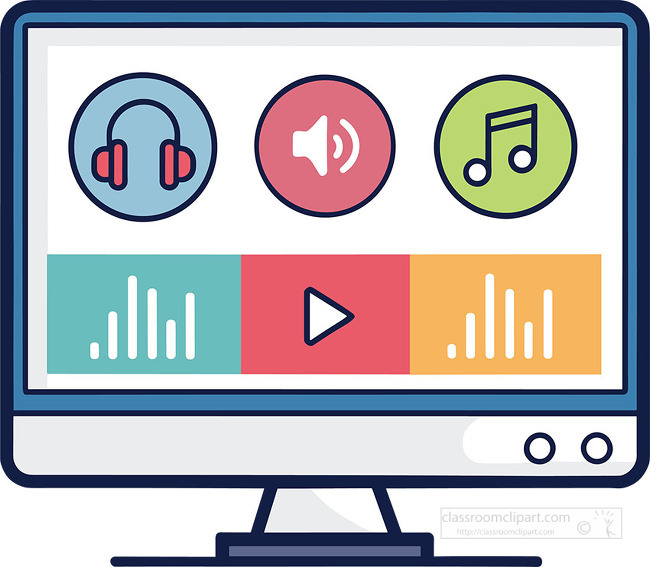 Computer screen displays music streaming interface with audio controls icons and sound elements for media apps and digital platforms