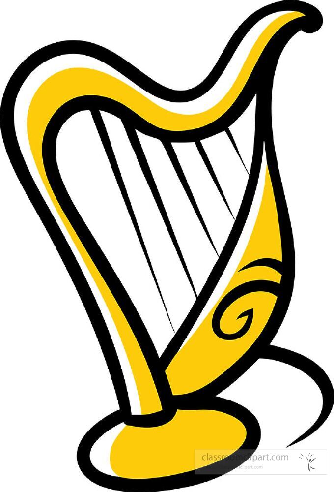 A striking illustration of a harp featuring bold black outlines and a bright yellow body The design showcases detailed strings and decorative elements emphasizing musical artistry