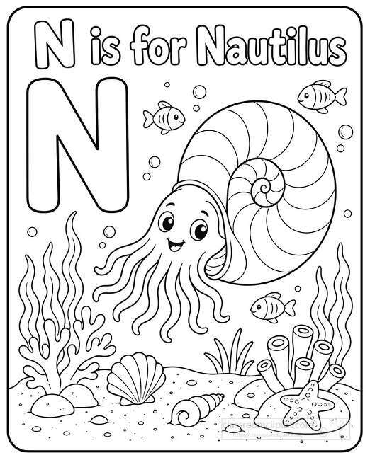 Large letter N beside a smiling nautilus with a spiral shell underwater with fish bubbles seaweed coral shells and starfish