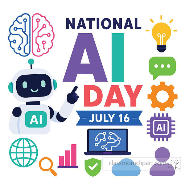 National AI Day July 16 lettering with a robot brain light bulb chip laptop globe and technology icons